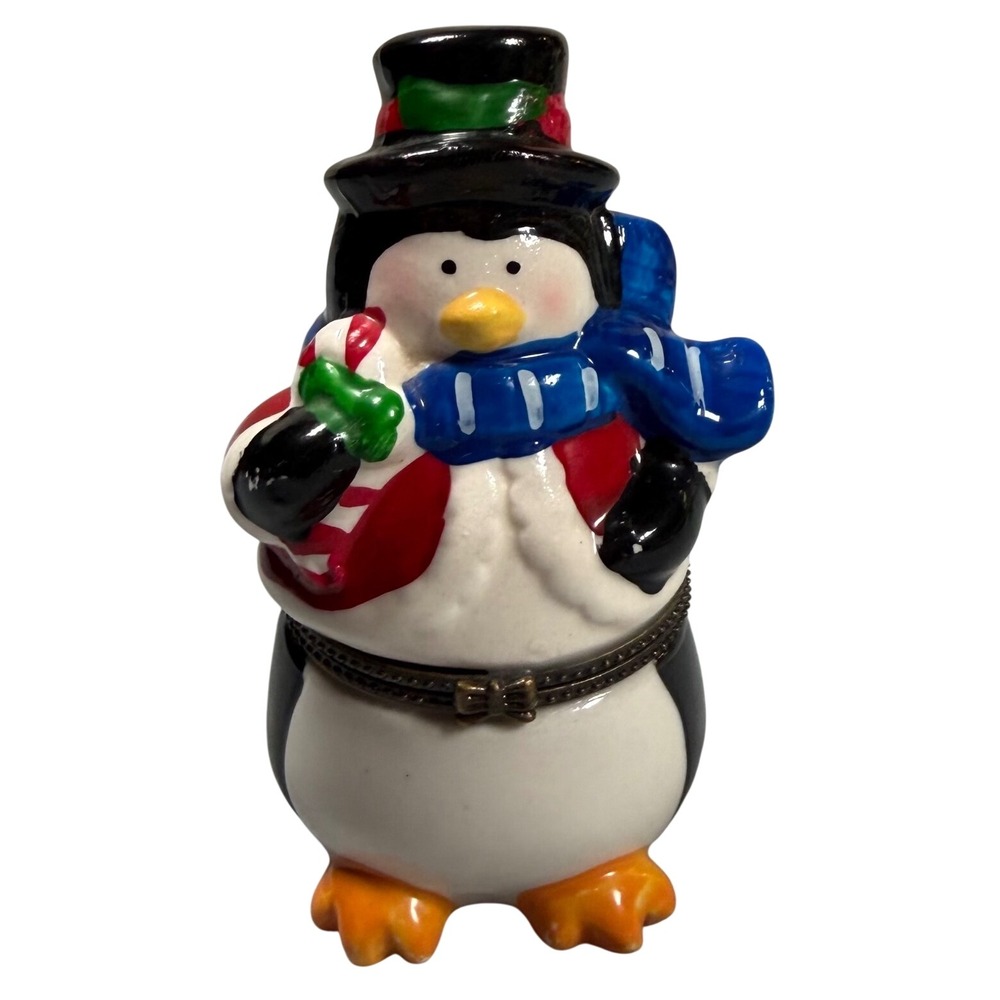 Christmas Penguin Ceramic Hinged Trinket Box Top Hat Scarf Hand-Painted Figurine